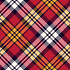 Tartan Scotland colorful plaid pattern. Seamless diagonal check plaid in dark blue, red, yellow, and off white for Christmas flannel shirt, blanket, duvet cover, or other textile design.