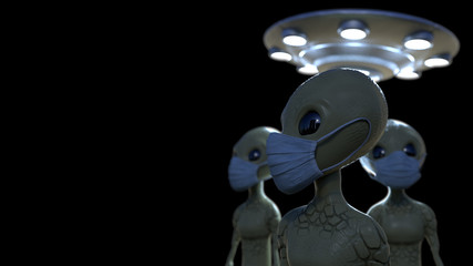 3d model of aliens wearing a surgical mask with an UFO on the background. 3D rendering.