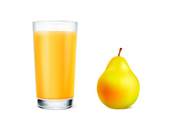 glass of pear juice and a fresh pear on a white background
