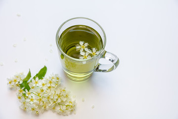 flat lay
Herbal tea in a glass mug decorated with the color of bird cherry
