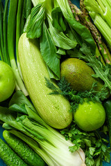 Assortment of Fresh harvested green vegetables and fruits, natural vegetable  background. Keto diet concept
