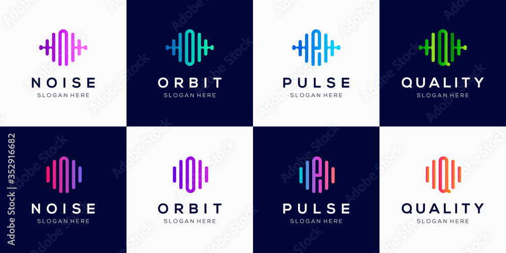 Poster monogram creative logo design template with pulse element.
