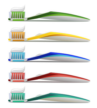 Toothbrushes in various colors. Realistic vector illustration of toothbrush and toothpaste Isolated on white background.
