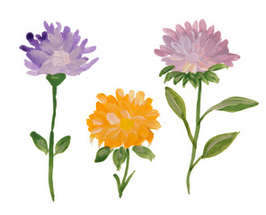 set of hand painted acrylic flowers. lilac purple orange abstract modern floral collection. isolated on white. art design elements