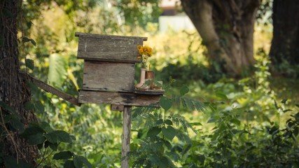 A small wood house with flowers in a vase
