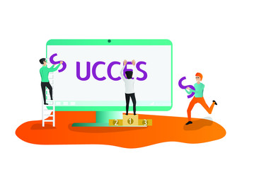 Success team co working  template background vector, Workers are helping to raise the letters on the computer screen,can use for business or education concept,vector art and illustration.