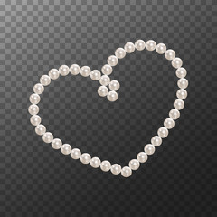 Heart shape frame painting isolated on transparent background. Pearl chains. Realistic white pearls. Beautiful natural heart shaped jewelry. Frame thread of pearls. Pearl necklace. Vector illustration