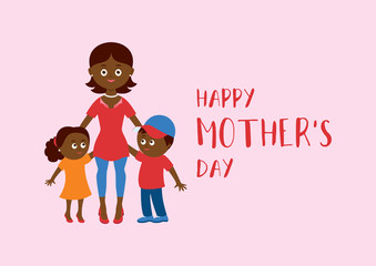 Happy Mother's Day lettering with african american mom and children vector. Happy african american mother with two children vector. Mom and kids icon. Beautiful mom and cute children cartoon character