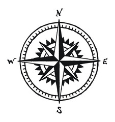 Vintage hand drawn wind rose vector in black and white. Nautical compass symbol tattoo drawing. © itsmaku