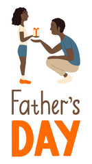 African american father and daughter. Receiving a gift. Father's day lettering.