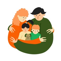 Caucasian family together. Mother, father, son and daughter, dog pet. Hugging people. Closeness concept. Isolated on white background. Fun design. Flat style drawing. Trendy stock vector illustration