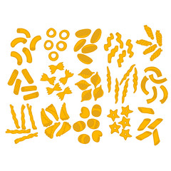 Collection set of different types of pasta. Farfalle, maccheroni, rigate. Food made of dough. Isolated on white background. Stock vector illustration drawn by hand. 