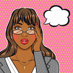 Pop art sad african american businesswoman in glasses holding her head portrait in retro comic style, stressed office woman face