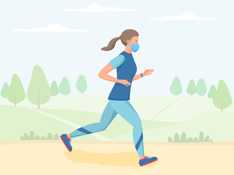 Women in mask running outdoor, jogging and training in park, physical activity outdoors, flat vector illustration