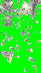 Flying dollars banknotes isolated on chromakey. Money is flying in the air. 100 US banknotes new sample. Vertical orientation. 3D illustration