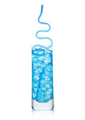 Blue lagoon cocktail with vodka and blue curacao liqueur in highbal glass with ice cubes and straw on white background.
