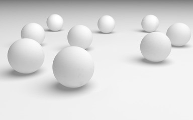 White abstract background. Set of white balls isolated on white backdrop. 3D illustration