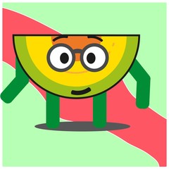 Fototapeta premium Cute slice of melonfruit cartoon face mascot character with hand and leg vector design