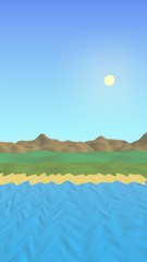 Sun Sea Beach. Noon. Ocean shore line with waves on a beach. Island beach paradise with waves. Vacation, summer, relaxation. Seascape, seashore. Minimalist landscape, primitivism. 3D illustration