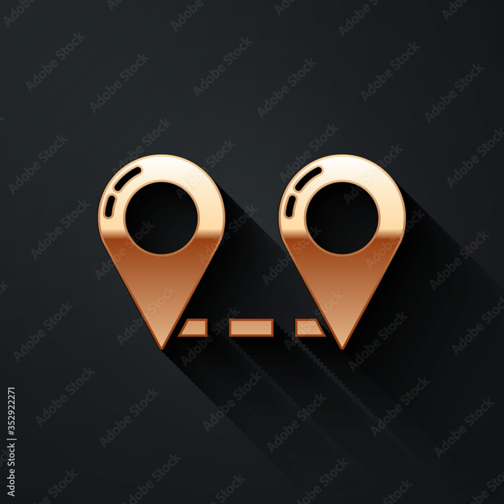 Poster gold route location icon isolated on black background. map pointer sign. concept of path or road. gp