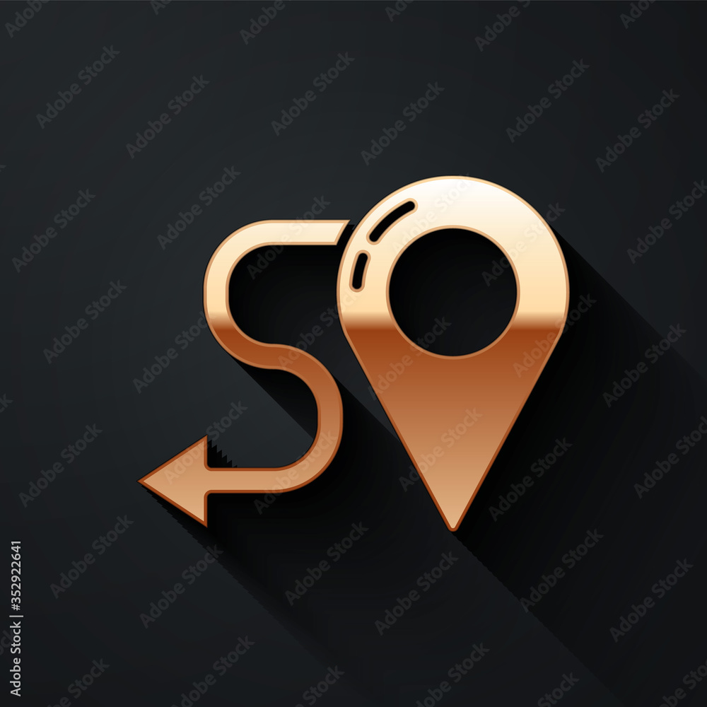 Poster gold route location icon isolated on black background. map pointer sign. concept of path or road. gp