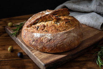 Olive and rosemary rye and wheat sourdough bread