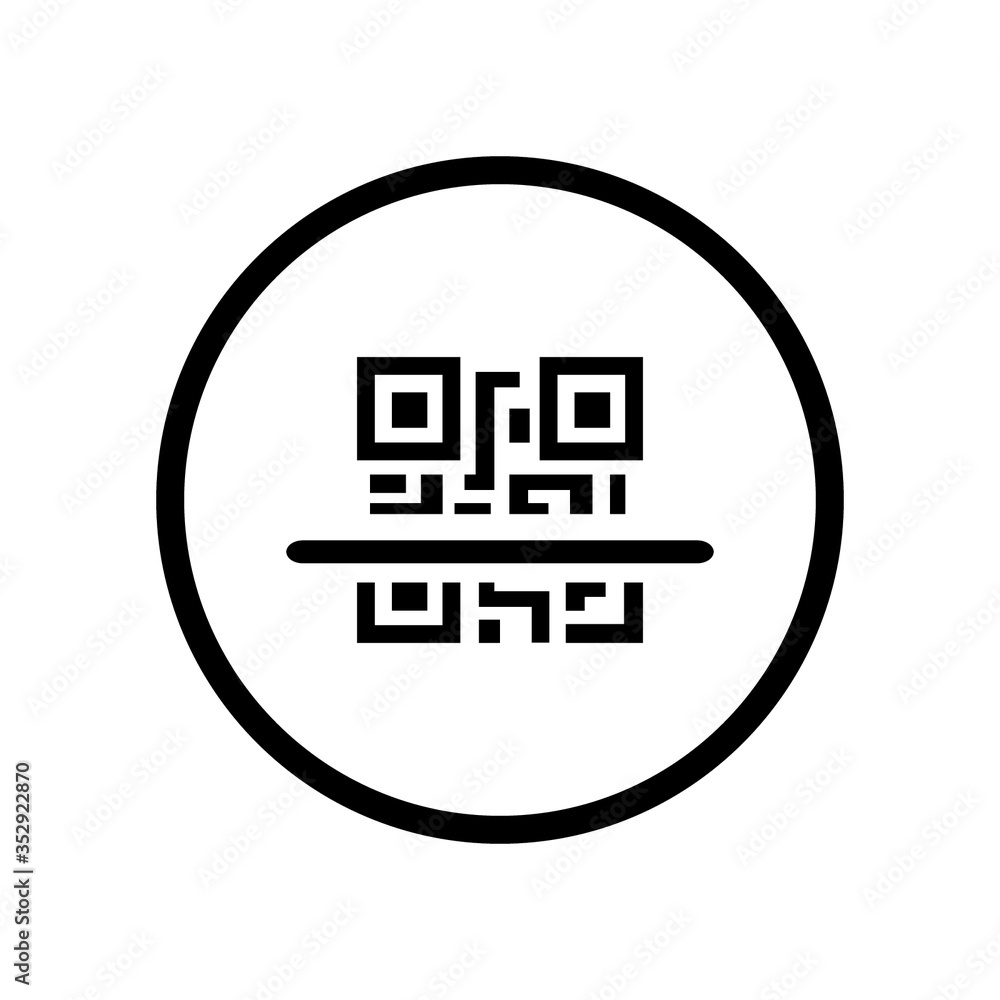 Poster round scanning black qarcode / barcode with laser light line by phone icon, simple flat design inter