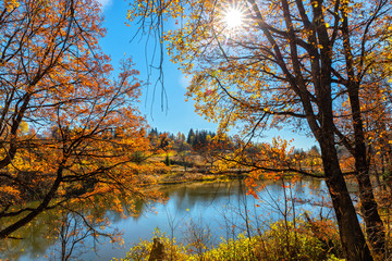 Obraz premium Beautiful autumn landscape, one of Smolyan lakes, Bulgaria