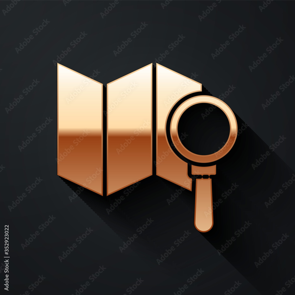Poster gold search location icon isolated on black background. magnifying glass with pointer sign. long sha