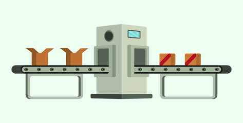 Conveyor assembly line in outline style. Automatic production line concept. Industrial mass production conveyor. Vector illustration