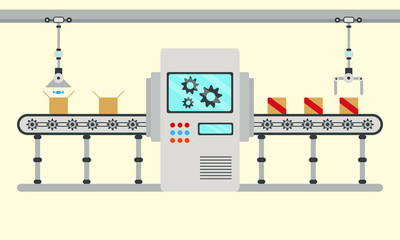 Conveyor assembly line in outline style. Automatic production line concept. Industrial mass production conveyor. Vector illustration