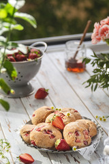 Selective focus on strawberry scones, summer breakfast