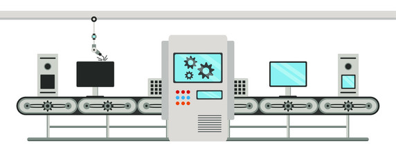 Conveyor assembly line in flat style. Automatic production of computer electronics concept. Industrial mass production conveyor. Vector illustration