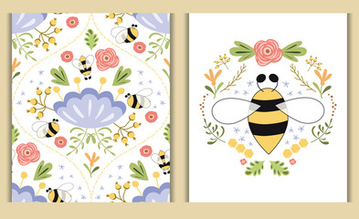 Nature card set Bee honey flowers print cosmetic shop design beautiful summer illustration Floral collection