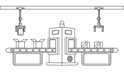Conveyor assembly line in outline style. Automatic production line concept. Industrial mass production conveyor. Vector illustration