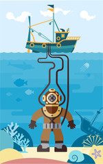 The diver explores the underwater world. Flat illustration of a diver in the ocean.