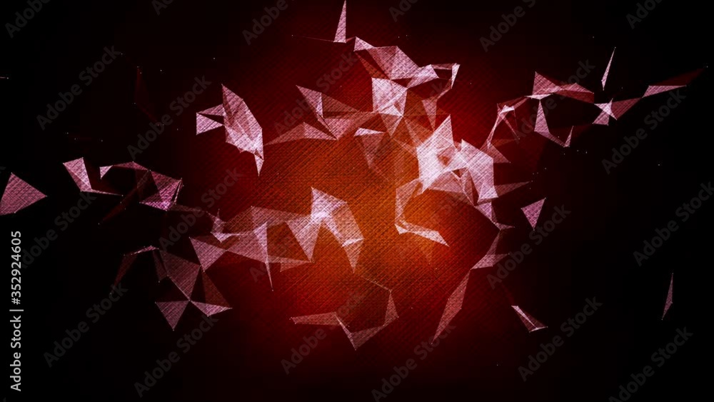 Poster transparent particles moving chaotically on a dark red background.