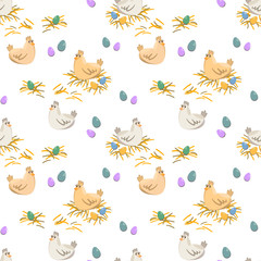 Easter pattern. Chickens, nests and eggs in a seamless pattern on a white background. Children's pattern