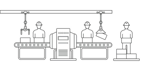 Conveyor assembly line in outline style. Automatic production line concept. Industrial mass production conveyor. Vector illustration