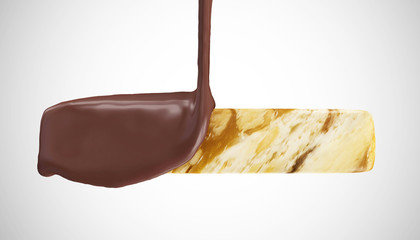 Melted Milk Chocolate Pouring into Caramel to make a Chocolate Bar on gradient background