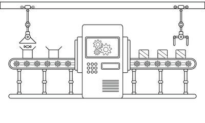 Conveyor assembly line in outline style. Automatic production line concept. Industrial mass production conveyor. Vector illustration