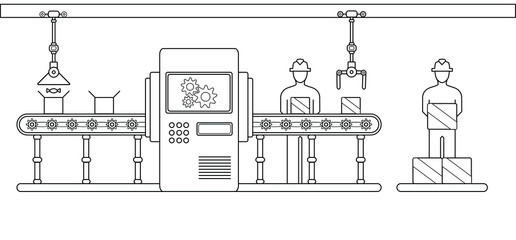 Conveyor assembly line in outline style. Automatic production line concept. Industrial mass production conveyor. Vector illustration