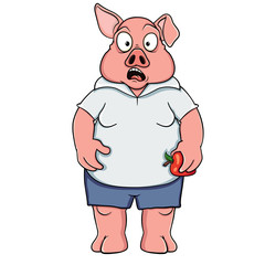 
Cartoon scared pig in clothes and with an apple in his hand. Isolated on a white background. Stock vector illustration.