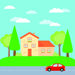 This is a facade of the house is with a garage and a car on the road.  Vector illustration.