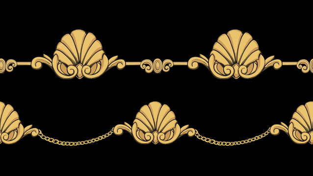 Gold seashell and chains. Baroque elements on a black background. Vector seamless border. 