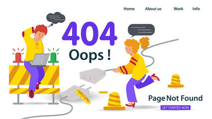 Banner Oops 404 error page not found Internet connection problems Girl holding a cable guy sitting with a laptop errors for websites and mobile apps Flat vector illustration