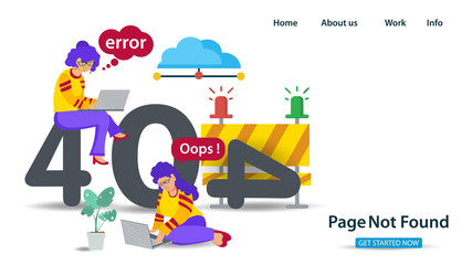 Banner Oops 404 error page not found Internet connection problems Two girls sitting with laptops next to numbers errors for websites and mobile apps Flat vector illustration