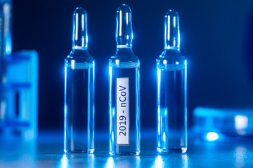 Coronavirus COVID-19. Ampoule with single dose of experimental vaccine.