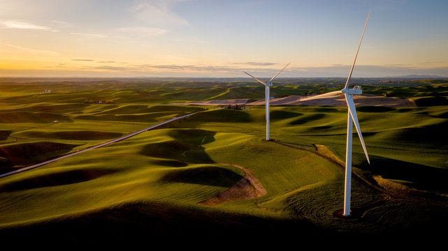 Wind Farm Turbines Among Wheat Fields On The Palouse In Washington State