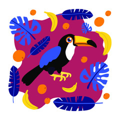 Bright multi-colored toucan with blue wings on the background of juicy fruits in the form of oranges and bananas, as well as tropical leaves